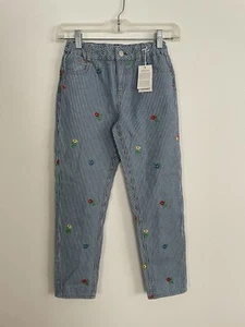 Mini Boden NWT Girl’s Flowers Blue Pin Striped Jeans Floral White Size 9Y - Picture 1 of 6
