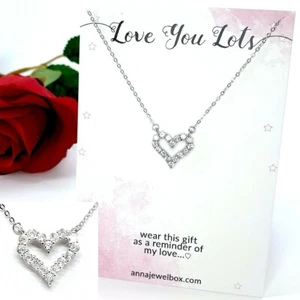 Love You 925 Sterling Silver Heart Necklace Diamante Crystals Love Gift for Her - Picture 1 of 9