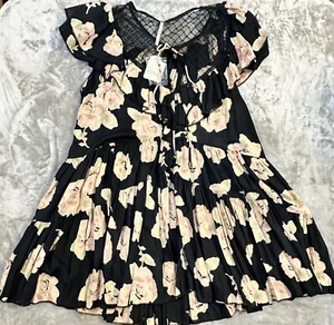 Free People Dress Tilly Floral Printed Tunic Lace Feminine Mini Sz XS Black Dark - Picture 1 of 7