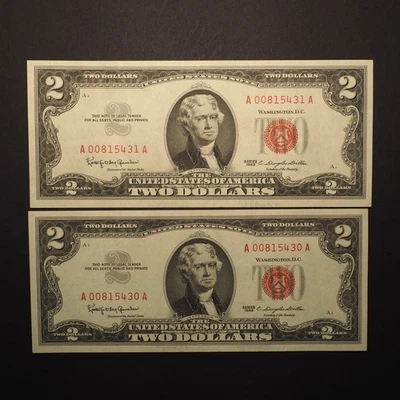 Последовательные банкноты США 1963 $2 красная печать! * ХРУСТЯЩИЙ UNC * БЕСПЛАТНАЯ ДОСТАВКА! S4008 - Изображение 1 из 2