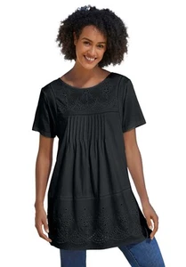 Woman Within Plus Size Embroidered Eyelet Pintucked Tunic - Picture 1 of 28