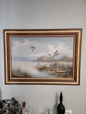 Framed Oil On Canvas Painting 2 Mallard Ducks Flying Winter Scene Signed - E Max - Image 1 of 4