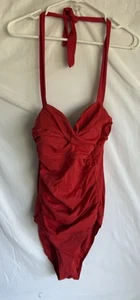 Jantzen One Piece Swimsuit Womens Sz 12 Red Halter Strap Padded Bra Ruched - Picture 1 of 3