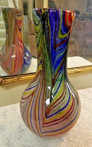 Vintage seltene Murano gestreifte mehrfarbige mundgeblasene Kunstglas 13,5" Vase - schön! - Bild 1 von 7