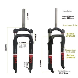 Suspensión de bicicleta de 26 pulgadas horquilla de neumático grueso de 4,0", horquilla de bicicleta de nieve de playa de ajuste de rebote - Imagen 1 de 10
