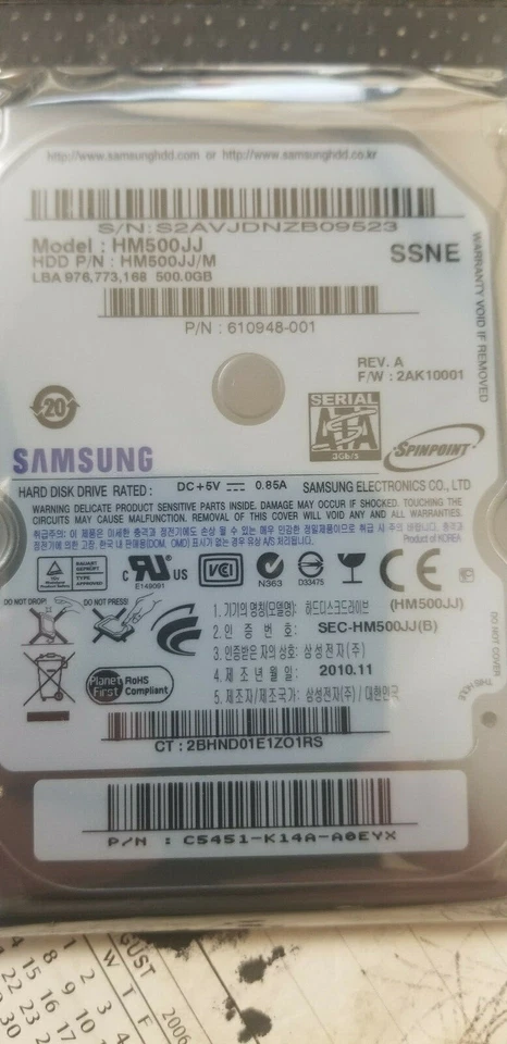 NEW Samsung HM500JJ HM500JJ/M  FW: 2AK10001, SSNE 500GB SATA 2.5" Hard Drive - Image 1 of 1