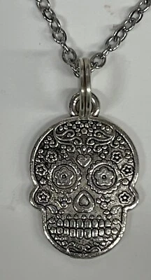 Sugar Skull Skeleton Silver 18” Stainless Jewelry Gothic Halloween NEW - Image 1 of 4