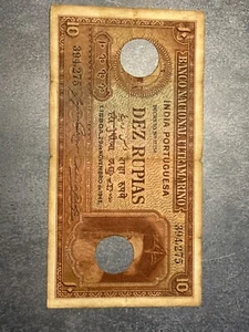 PORTUGUESE INDIA 1945 BANKNOTE BANCO ULTRAMARINO 10 RUPEES - Picture 1 of 3