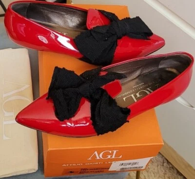 AGL Zapatos de charol rojo para dama 40 lazo negro, atrevidos, hechos en Italia Foto 1 de 4