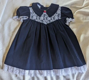 Vintage Jo Lene USA Girl's Dress Crushed Velvet Sz 3t Deep Blue w/White Lace EUC - Picture 1 of 9