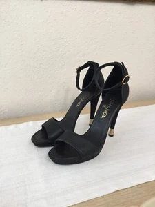 Chanel Leather Open Toe Ankle Strap Pumps Size 41 Gold Heel tip  CC - Picture 1 of 14