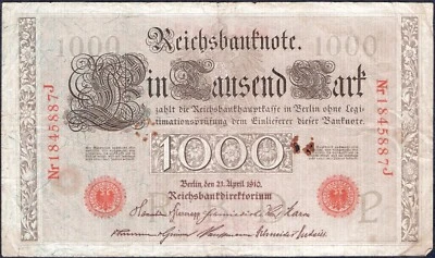 1000 Mark 1910 - Series: 1845887 J - Original Banknote P-44b - "G"- #K57 - Image 1 of 3
