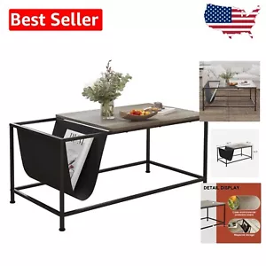 Modern Grey Oak Coffee Table with Metal Frame & Storage Pocket - Compact Design - Picture 1 of 8