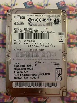 Hard Disk Usato IDE 2,5" 40GB FUJITSU MHV2040AT CA06557-B124 2005-12 - Immagine 1 di 4