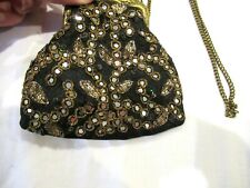 Black silk purse minaudiere gold & silver sequined leaves