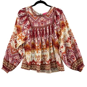 Flying Tomato Blouse Womens Red Orange Boho Printed Long Sleeve Size S - Picture 1 of 8