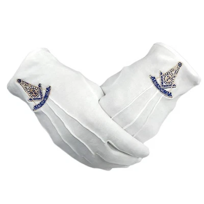Freemasons Past Master Masonic Gloves White Cotton Hand Embroidered PM Symbol - Image 1 of 3