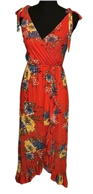 Derek Heart Bright Red Floral  Hi-Low Tie Strap V Neck Maxi Dress Women's Sz Sm - Image 1 of 4