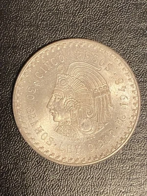 México cinco 5 pesos 1948 Cuauhtémoc El último emperador azteca, moneda de plata .900 OZ Foto 1 de 4