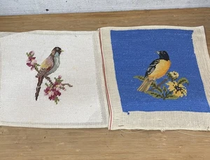 Vintage Antique Needlepoint Embroidery Birds Oriole Songbird 2 Panels - Picture 1 of 7