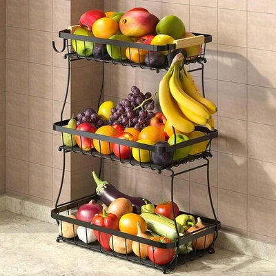 3 Tier Fruit Basket Kitchen Counter Organizer with 2 Banana Hooks, Wooden Handle - Image 1 of 4