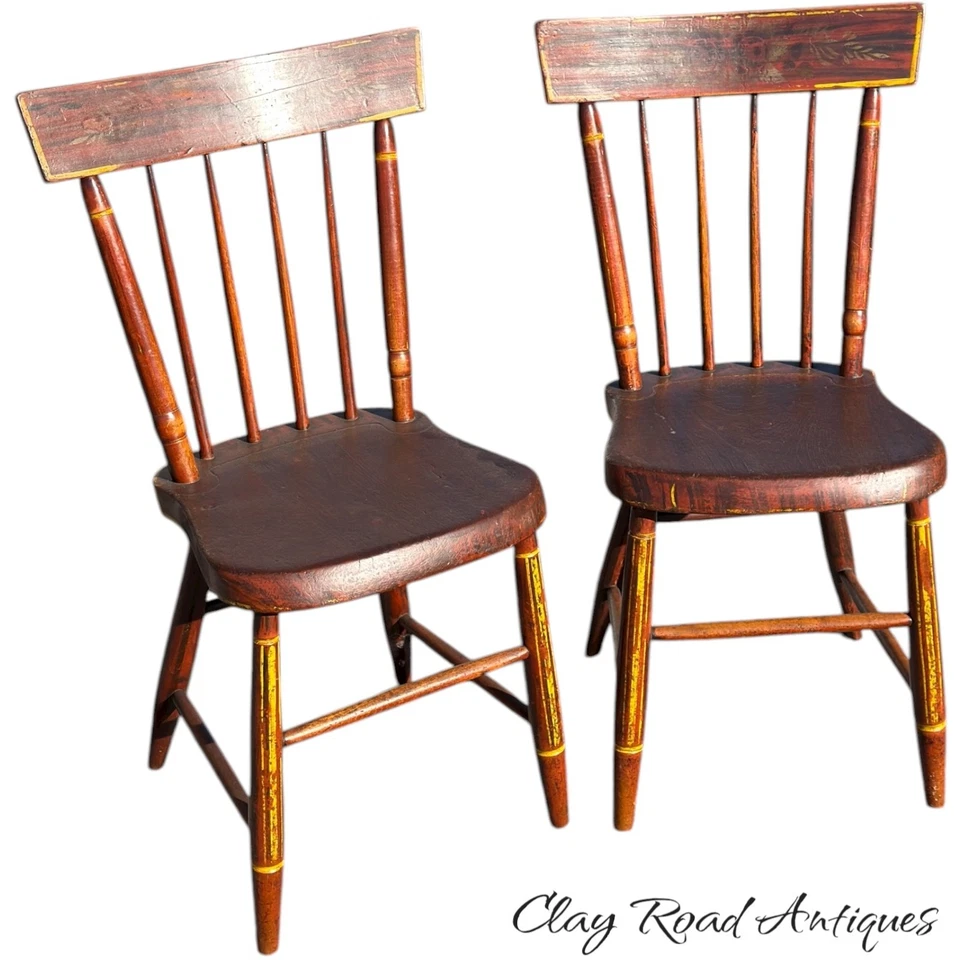 antique 1840s plank seat red & black yellow primitive chairs folk art set - Image 1 of 4