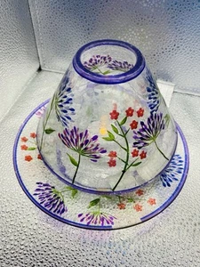 YANKEE CANDLE CRACKLE GLASS SHADE & TRAY WITH HAND PAINTED FLOWERS BNWOT UNUSED - Picture 1 of 14