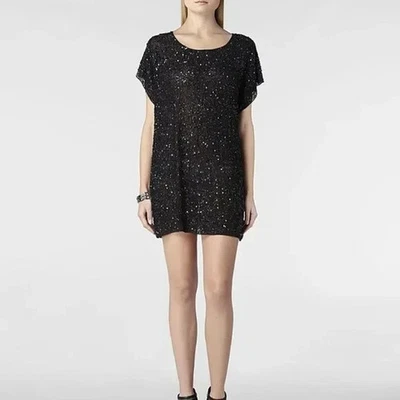 AllSaints Hand Embellished Black Elissa Tee Party Dress Size 4 NWT - Image 1 of 4