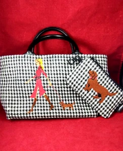 Modella Herringbone Handbag w/Matcing Cardholder Woman and Dog Enbroidered NWOT - Picture 1 of 7