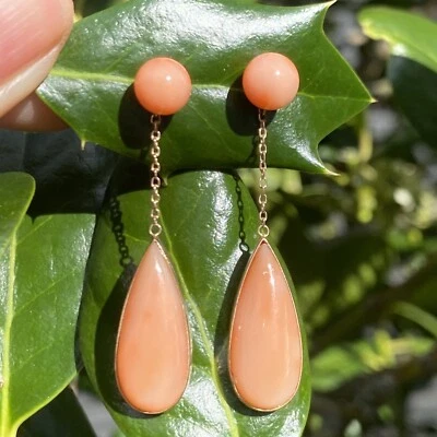 Teardrop Angel Skin Coral 18K Rose Gold Long Dangle Vintage Earrings - Image 1 of 4