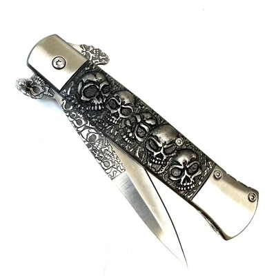 8.75” Skull Engraved  Retro Embossed Quick Open  Folding Pocket Knife - Image 1 of 4