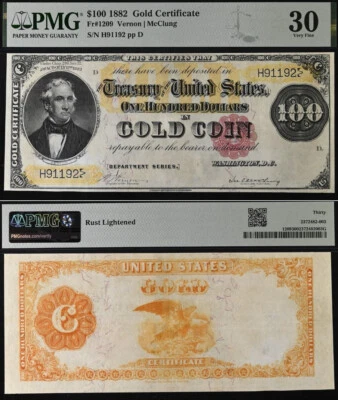 1882 $100 Gold Certificate PMG 30 - Vernon-McClung - Orange-Gold Eagle - Fr 1209 - Image 1 of 4