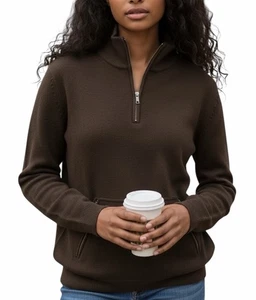 Nuevo Suéter Pullover BELFORD 1/4 Cremallera Bolsillo Canguro Marrón Algodón Cuello Simulado M - Imagen 1 de 12