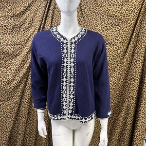 Vintage Helen Chao Navy Wool Cardigan M Beaded Pearl Embroidery Hong Kong - Picture 1 of 15