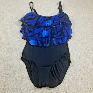 Costume da bagno donna LONGITUDE taglia 8 nero blu cinturino regolabile 1 pezzo top con volant - Foto 1 di 9