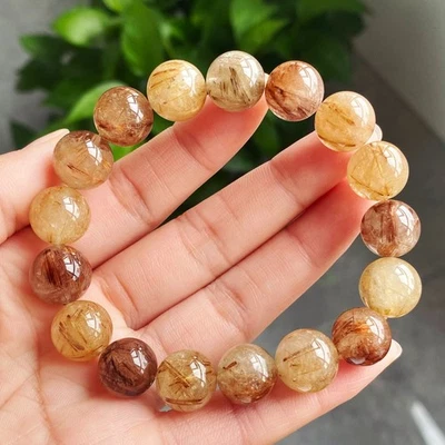 12.6mm Natural Copper Rutilated Quartz Crystal Beads Bracelet 003 - Image 1 of 4