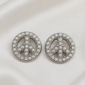 Solid 14K White Gold Peace Sign CZ Stud Earrings Symbol Fine Jewelry Gift - Picture 1 of 3