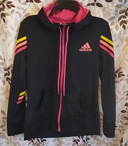 Adidas Hoodie Track Jacket Black women's Size M neon Stripes Pink Yellow Orange - Picture 1 of 12