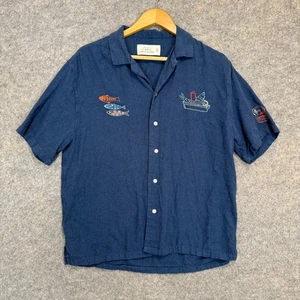 Abercrombie & Fitch Summer Linen Blend Shirt Mens Medium Fish Embroidered Navy - Picture 1 of 14