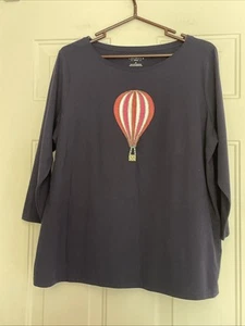 T-shirt donna Talbots mongolfiera manica 3/4 cotone morbido blu navy taglia 1X - Foto 1 di 8