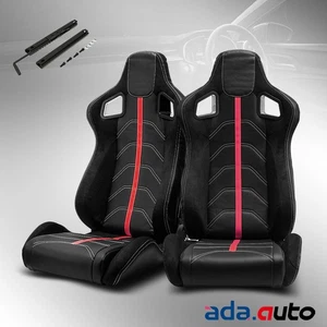 Reclinable Black PVC Suede Red Line Racing Bucktet Seats w/Sliders Left+Right - Foto 1 di 8