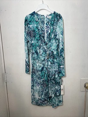 NWT CALVIN KLEIN Sheath Dress SZ 14W  Blue Faux Wrap Ruched Gold Accent - Image 1 of 4