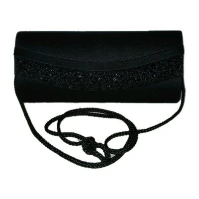 Carlo Fellini Black Satin Evening Clutch Purse Beaded Accent Formal Bag w/ Strap - Image 1 of 4