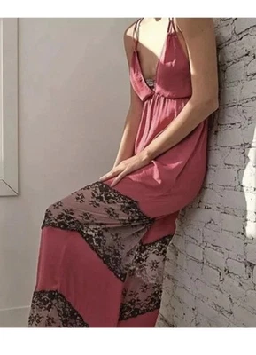 Free People Intimately Love Letter Red/Pink Satin Lace Cross Back Jumpsuit Large - Image 1 of 4