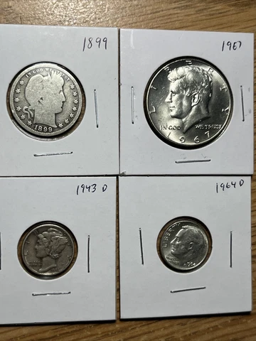 old coin lot: 1899 Barber 25c, 67' 50c, 43D 10c and 1964D 10 Cover