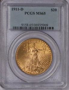 1911-D Gold St. Gaudens Double Eagle $20 PCGS MS65. Scarcer date Denver Mint. - Picture 1 of 2