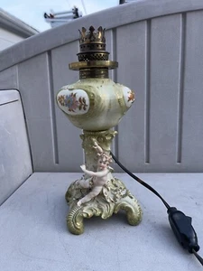 Porcelain Cherub Light Flowers Meissen/Dresden Style Converted Oil Lamp Chipped - Picture 1 of 18