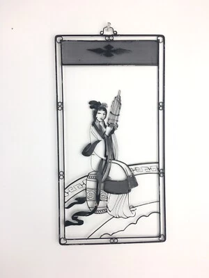 Vintage Antique Metal Painting Chinese Picture Lady is Playing Music Instrument - Image 1 of 3