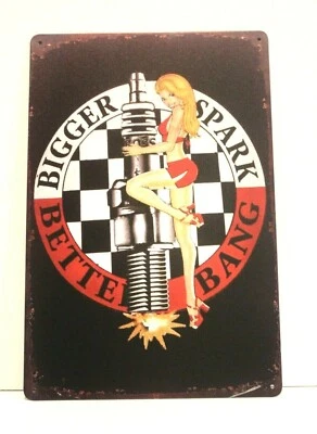 Vintage Style Spark Plugs Ad Sexy Pinup Girl Tin Metal Sign Rustic Look Garage - Image 1 of 4