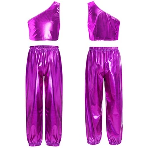 Kids Girls Sweatsuit Dancing Crop Top With Pants Shiny Tracksuit Skateboarding - Picture 1 of 83